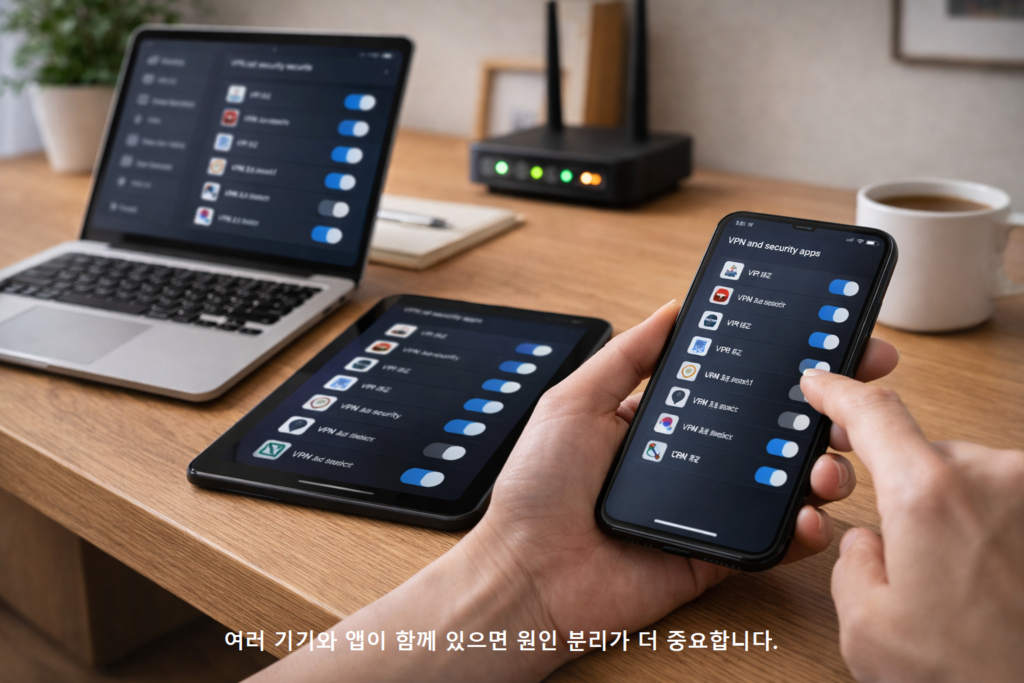 여러 기기와 앱이 함께 있으면 원인 분리가 더 중요합니다