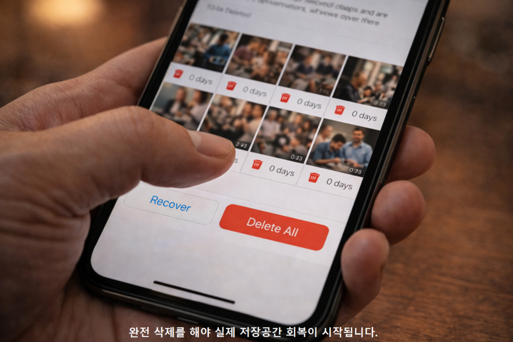 완전 삭제를 해야 실제 저장공간 회복이 시작됩니다