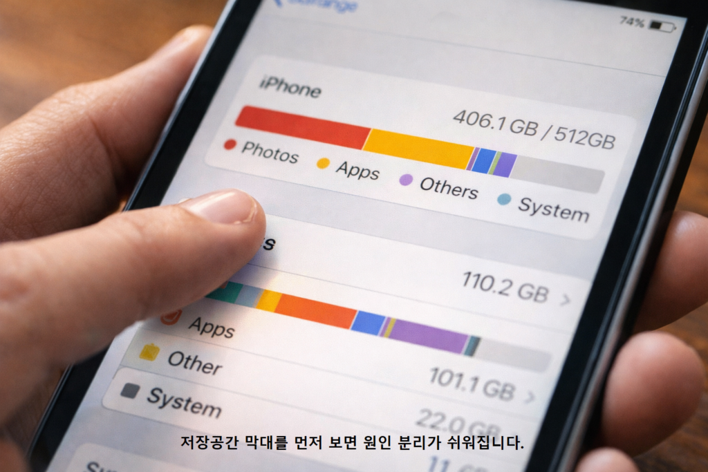 저장공간 막대를 먼저 보면 원인 분리가 쉬워집니다