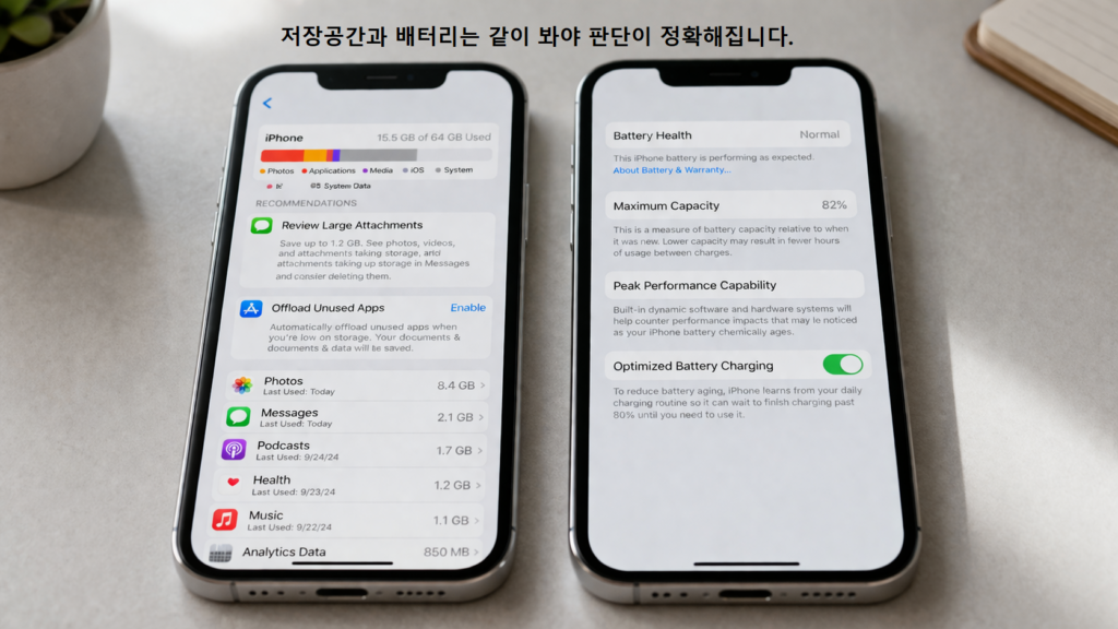 저장공간과 배터리는 같이 봐야 판단이 정확해집니다