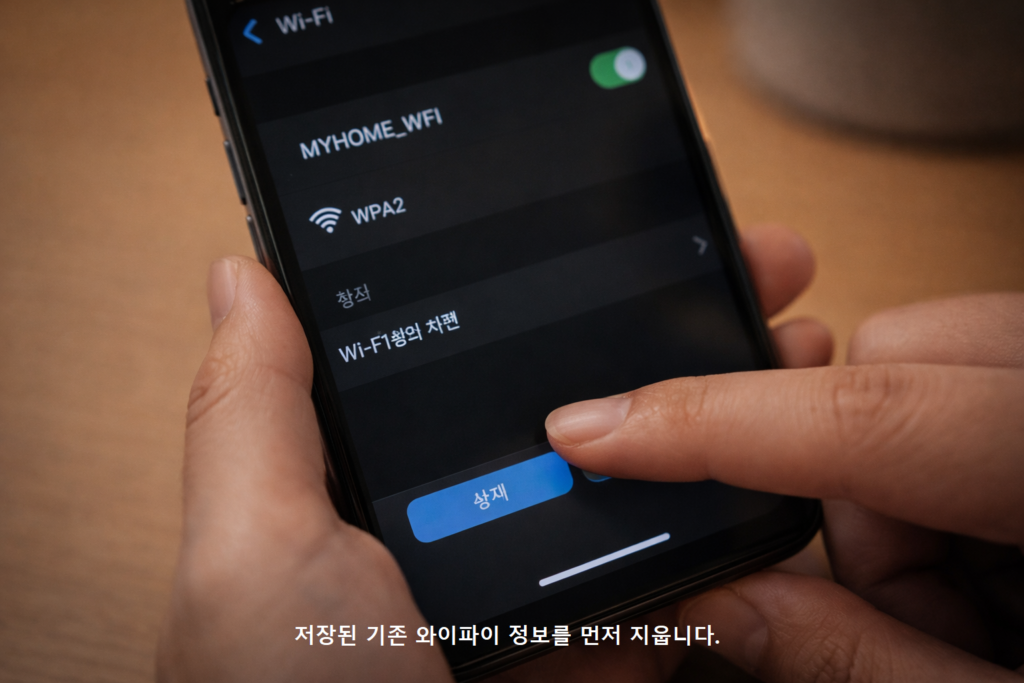 저장된 기존 와이파이 정보를 먼저 지웁니다
