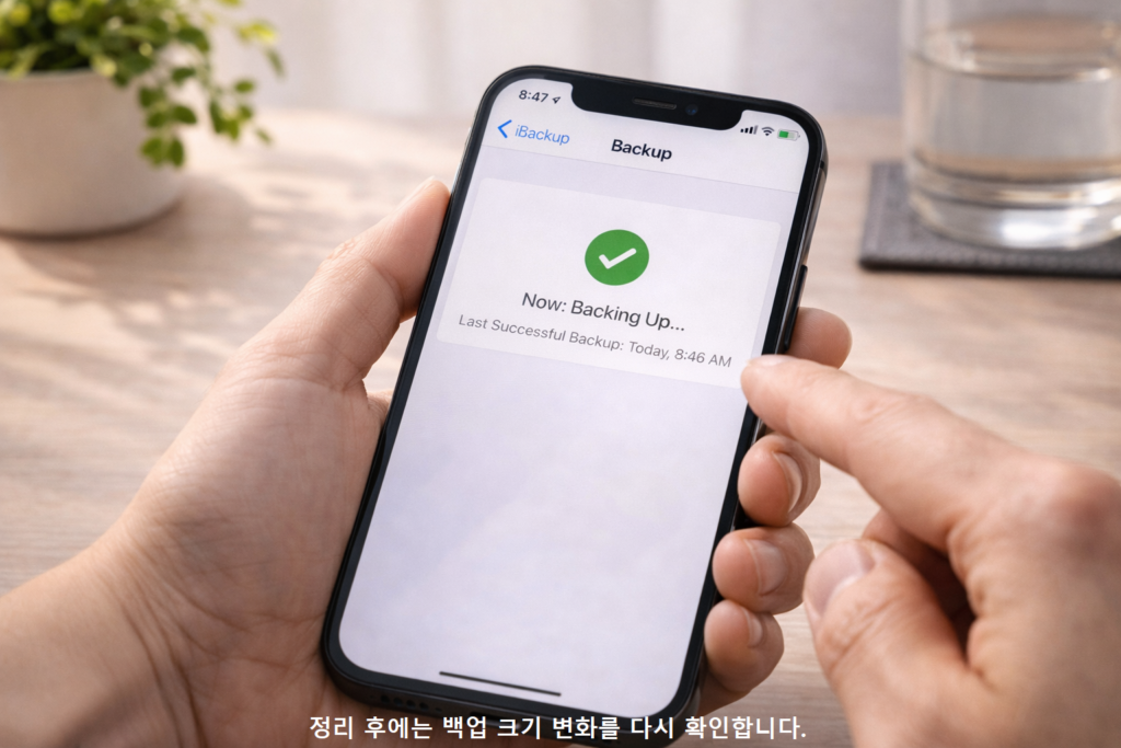 정리 후에는 백업 크기 변화를 다시 확인합니다
