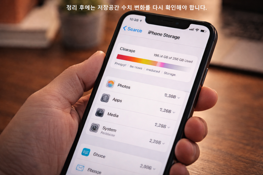 정리 후에는 저장공간 수치 변화를 다시 확인해야 합니다