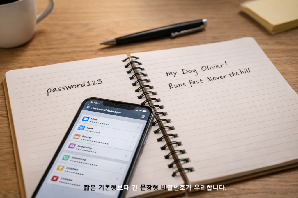 짧은 기본형보다 긴 문장형 비밀번호가 유리합니다
