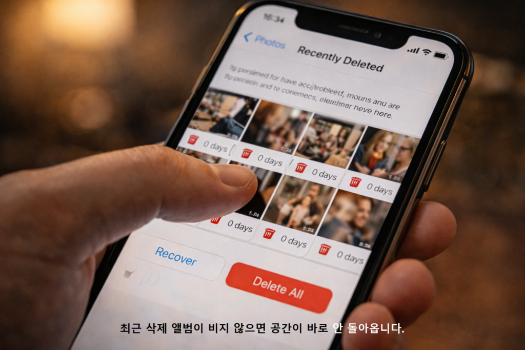 최근 삭제 앨범이 비지 않으면 공간이 바로 안 돌아옵니다