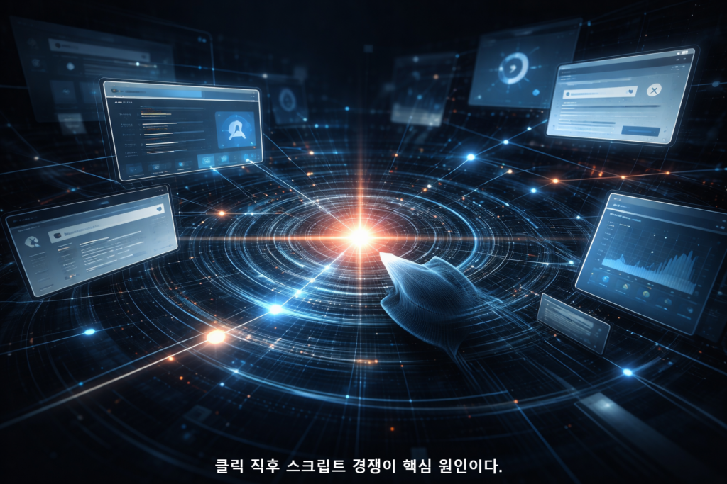 클릭 직후 스크립트 경쟁이 핵심 원인이다