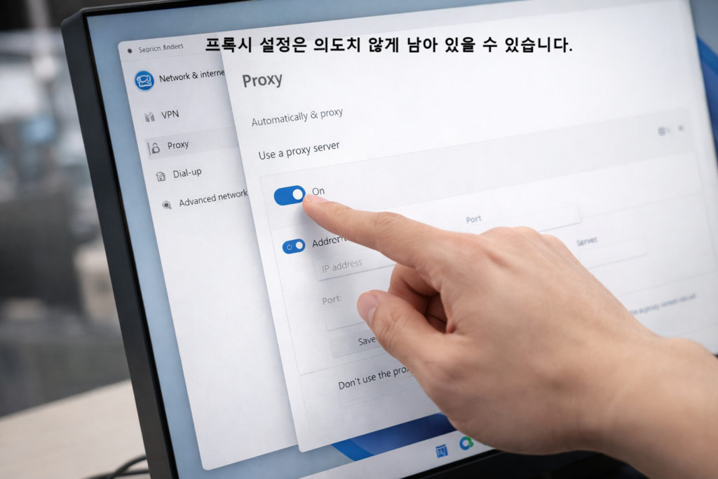 프록시 설정은 의도치 않게 남아 있을 수 있습니다