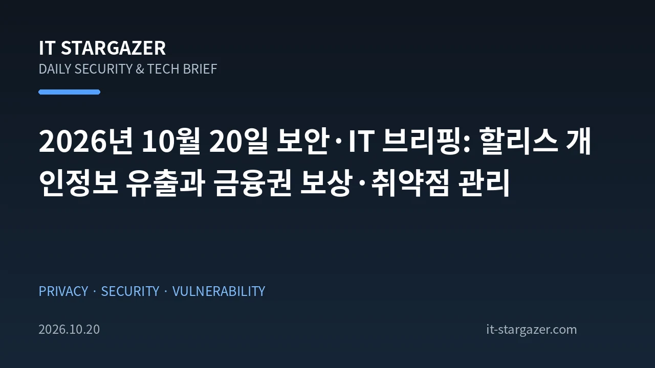 2026년 10월 20일 보안·IT 브리핑: 할리스 개인정보 유출과 금융권 보상·취약점 관리